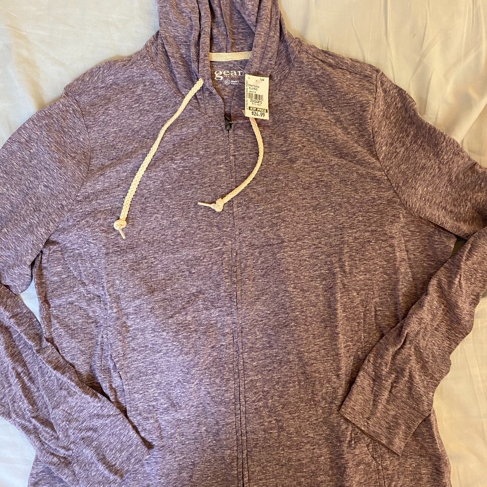 Purple, long sleeve, zip-up hoodie with pull ties